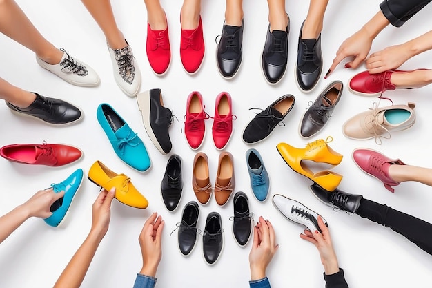 Many hands holding shoes of different colors and styles on isolated white background