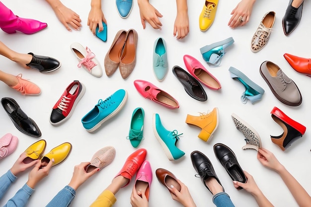 Many hands holding shoes of different colors and styles on isolated white background