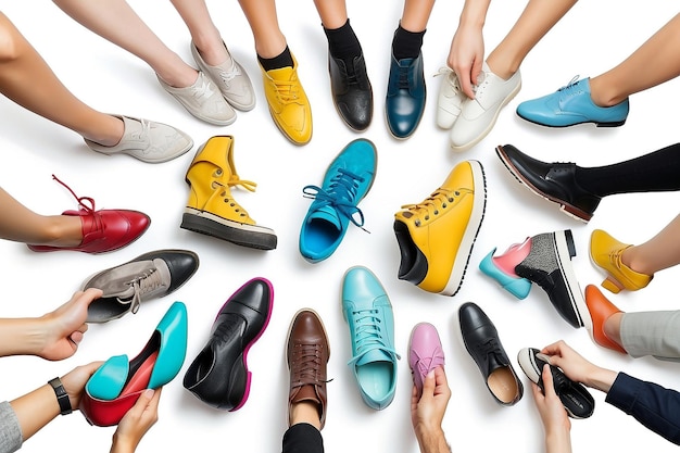 Photo many hands holding shoes of different colors and styles on isolated white background