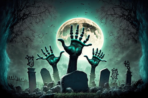 Many hands rising out of graves against background of white big moon