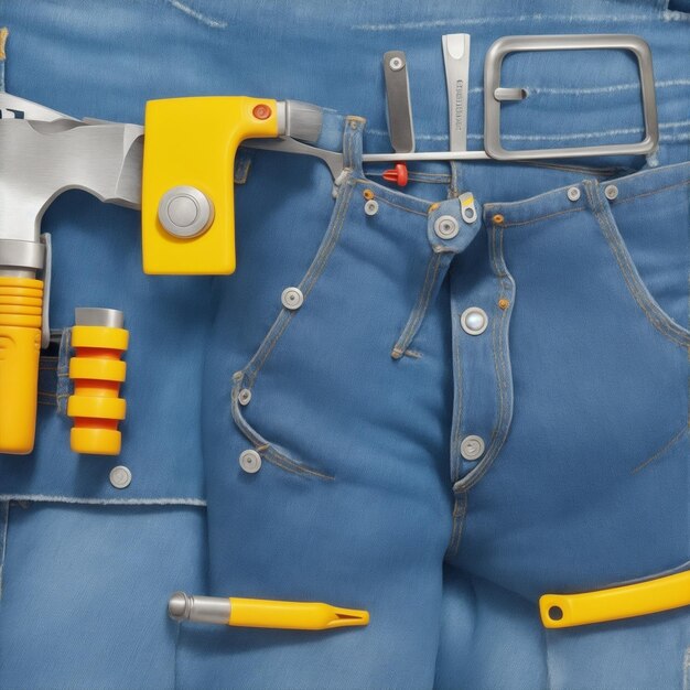 many handy tools on jeans background