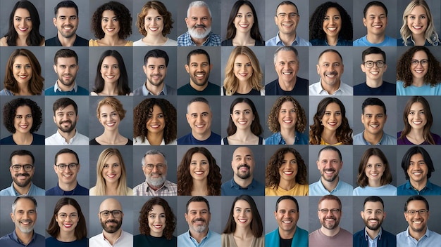 Many Headshots of Smiling Multiple Men and Women in a Frame All looking at the Camera Generative AI