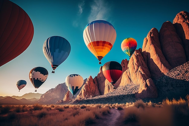 Many hot air balloon flying in blue sky Illustration Generative AI