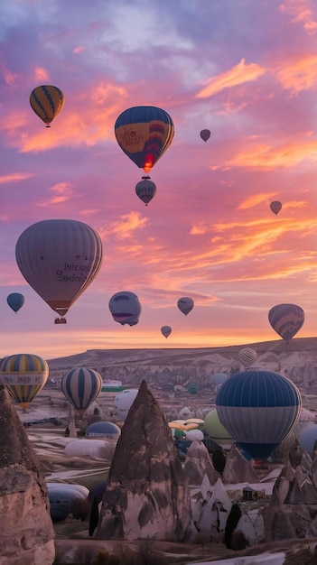 Photo many hot r balloon in sunset cappadocia