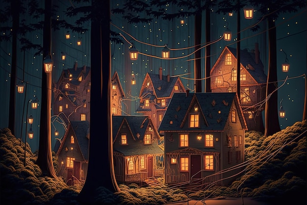 Many houses in a forest made out of string, environment