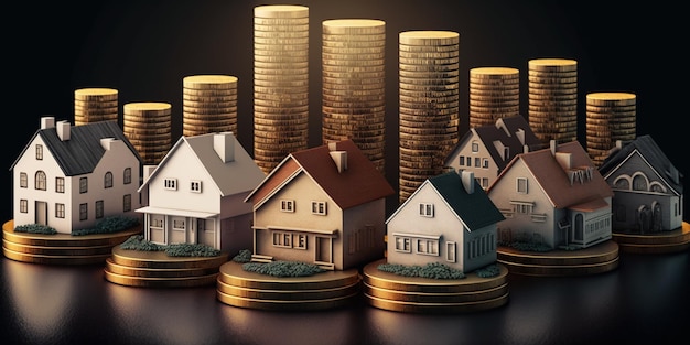 Many houses with a lot of coin stack idea for property investment income tax and passive income