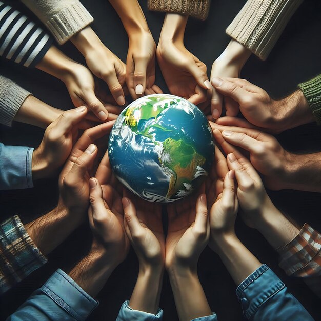 Photo many human hands holding the earth