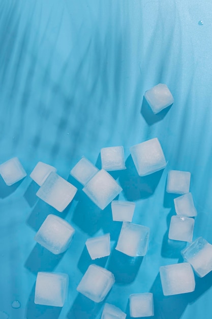 Many ice cubes under the shadow of palm leaves on a blue background