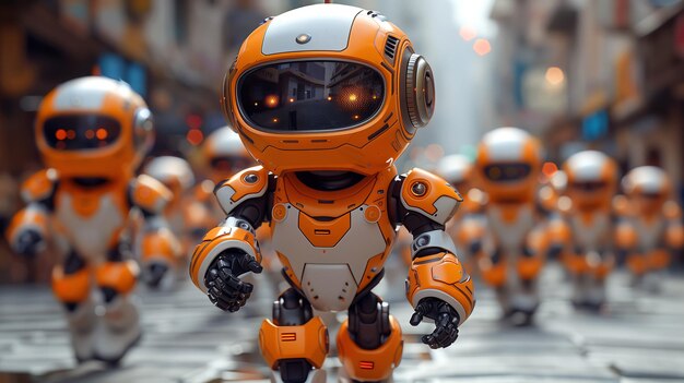 Many identical robots are hurrying about their business on a city street