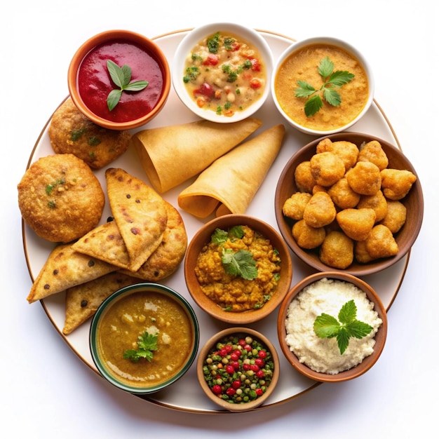 Many Indian Desi foods top view isolated on white background curry samosa rolls pani puri etc