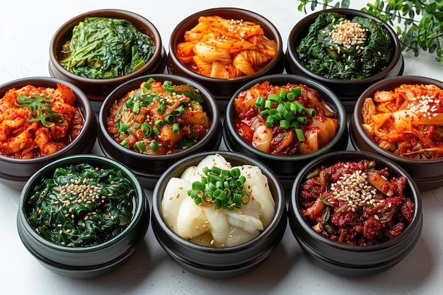 Photo many kind of korean side dishes on white background