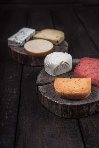 Many kinds of cheeses on wooden end of a tree