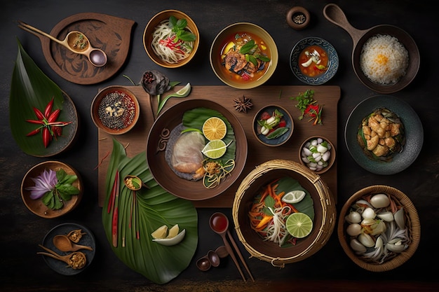 Many kinds of local Thai food Ready to eat tableware Family Menu