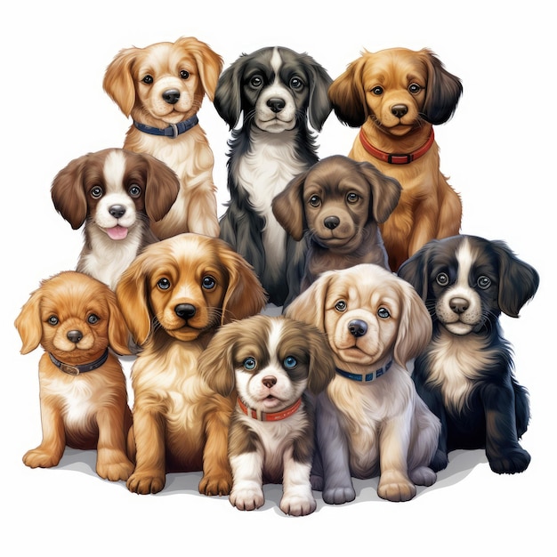 Many little cute puppies sitting together on a white background