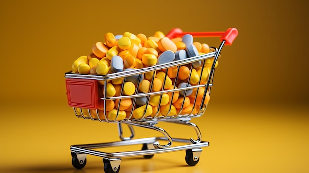 Many medicine pills tablets in a small supermarket shopping cart on yellow background concept shopping medicine Pharmacy theme capsular tablets with medicinal vitamins Generative AI