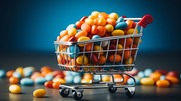 Many medicine pills tablets in a small supermarket shopping cart on yellow background concept shopping medicine Pharmacy theme capsular tablets with medicinal vitamins Generative AI