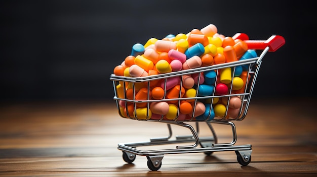 Many medicine pills tablets in a small supermarket shopping cart on yellow background concept shopping medicine Pharmacy theme capsular tablets with medicinal vitamins Generative AI