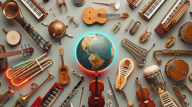 Photo many musical instruments arranged around a globe