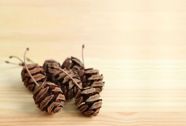 Many natural dry tiny pine cones on light brown wooden table with free space for design