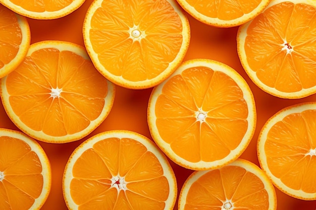 Many orange slices are lined up on a yellow background.