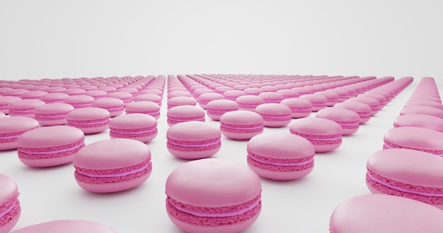 Many pastel pink macarons distributed in lines on white background. Pastel colours.