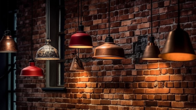 Many pendant lamps against red brick wall