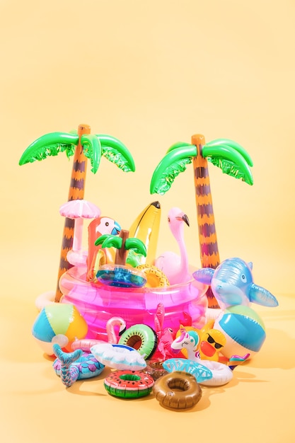 Many pool inflatables of different shapes and colors