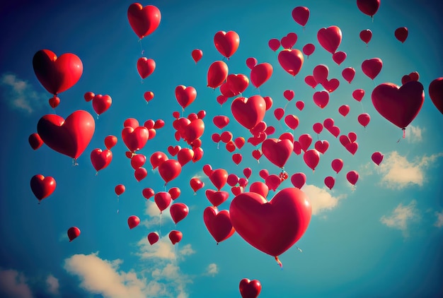 Many red balloon in heart shape particles flying on the air with blue sky background Valentines day concept Generative AI