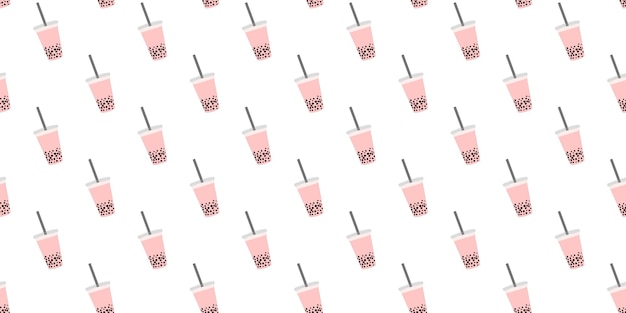 Many rose bubble tea in plastic cups on white background Seamless pattern Refreshing summer cocktail