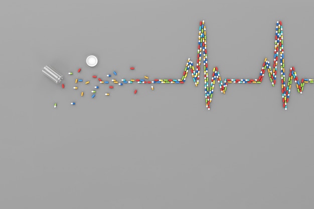 Many scattered tablets in the form of a cardiogram of the patient's heart . 3d illustration 