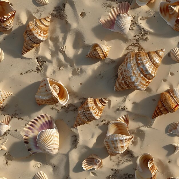 Photo many shells are scattered on the sand including one that says  sea shells