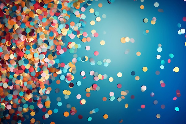 Many shiny colorful confetti falling on blue background