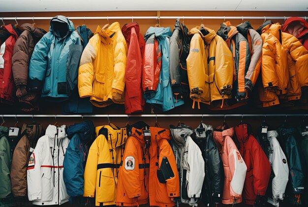 many ski jackets hanging a rack in the style of atmospheric color washes