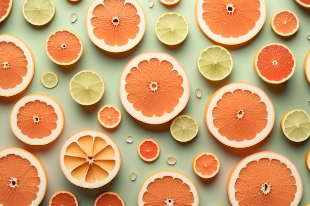 Many sliced fresh grapefruits as background top view AI generation