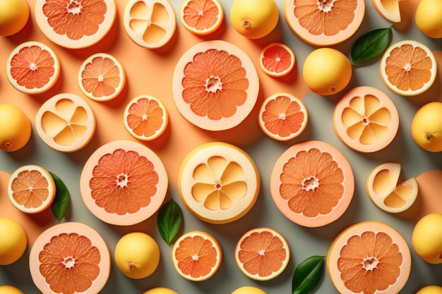 Many sliced fresh grapefruits as background top view AI generation