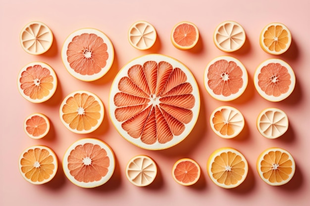 Many sliced fresh grapefruits as background top view AI generation