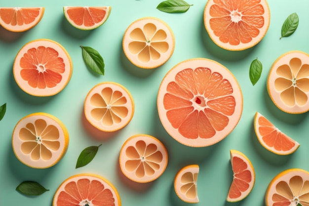 Many sliced fresh grapefruits as background top view AI generation