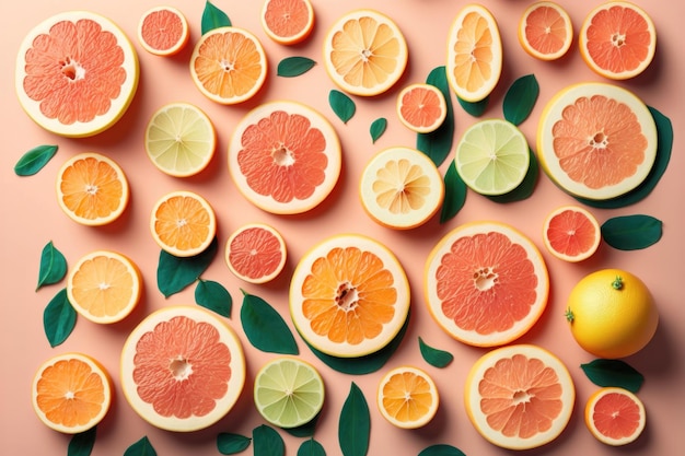 Many sliced fresh grapefruits as background top view AI generation