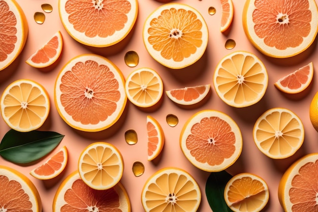 Many sliced fresh grapefruits as background top view AI generation