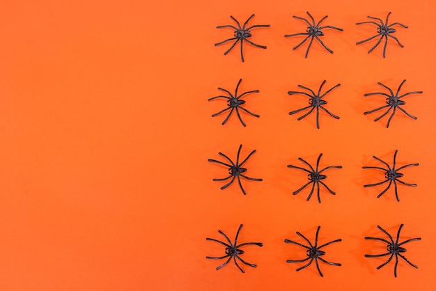 Many small black plastic spiders on orange background with copy space, Halloween concept.