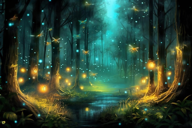 Many small fireflies in the dark magical forest