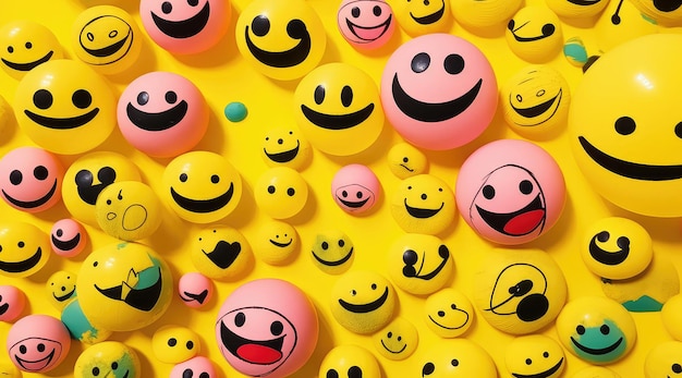 Many smiling faces on a yellow background