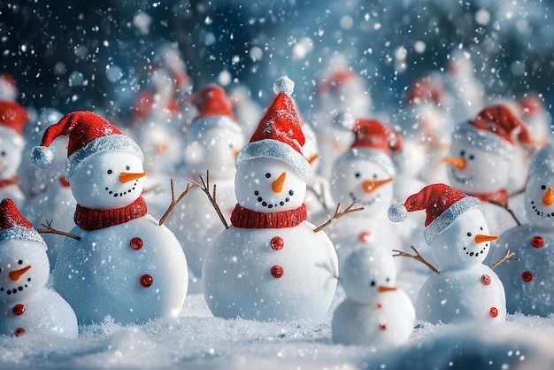 Many Snowmen Standing in a Winter Christmas Landscape A Festive Scene of Holiday Cheer