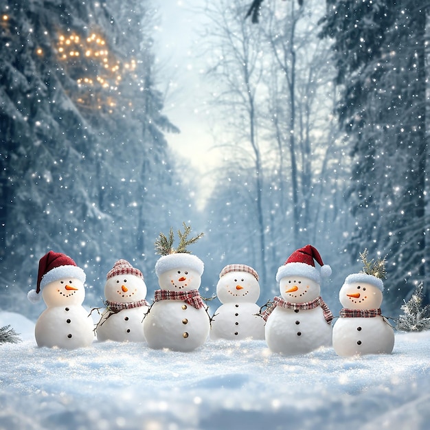 Photo many snowmen standing in a winter christmas landscape a festive scene of holiday cheer