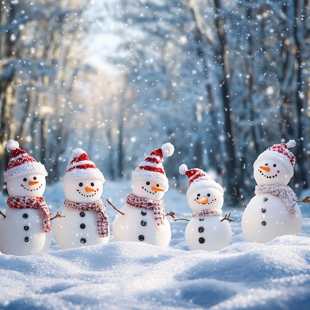 Photo many snowmen standing in a winter christmas landscape a festive scene of holiday cheer