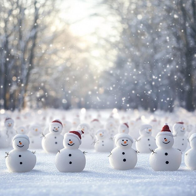 Photo many snowmen standing in a winter christmas landscape a festive scene of holiday cheer