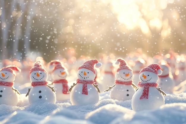 Photo many snowmen standing in a winter christmas landscape a festive scene of holiday cheer