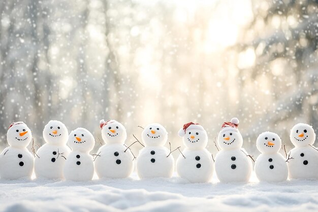 Photo many snowmen standing in a winter christmas landscape a festive scene of holiday cheer