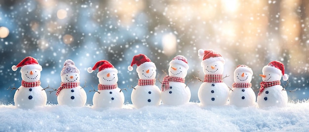 Photo many snowmen standing in a winter christmas landscape a festive scene of holiday cheer