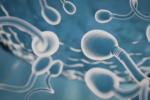 Many sperm swimming towards the egg in a blue background 3D Illustration Rendering